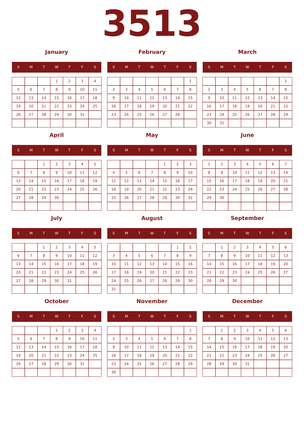 Printable 3513 Year Calendars falu