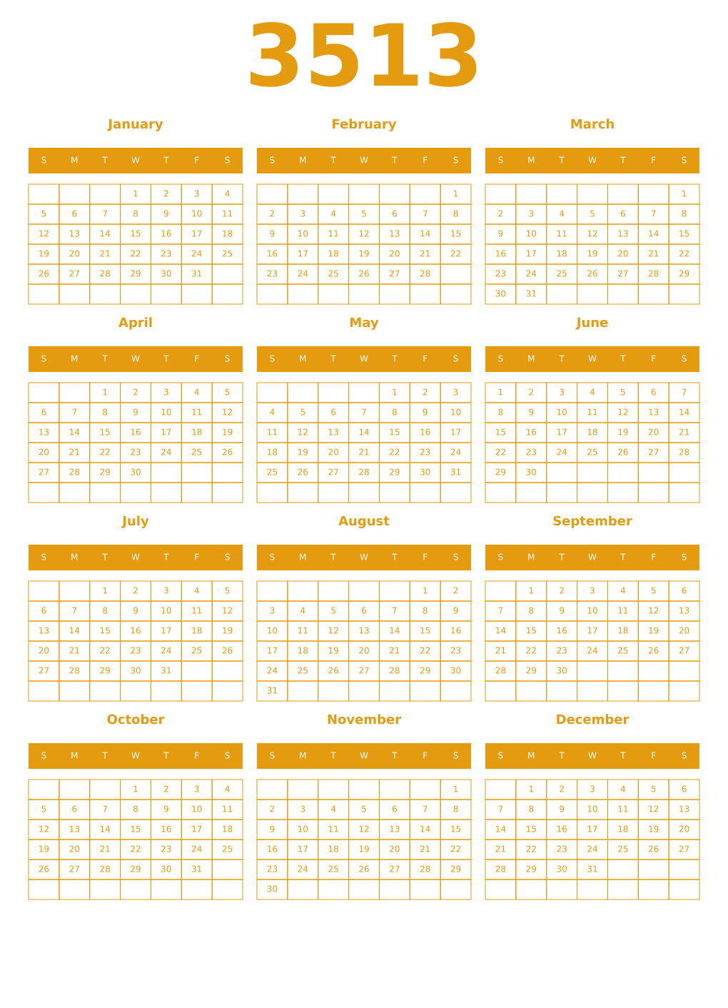 Printable 3513 Year Calendars gamboge