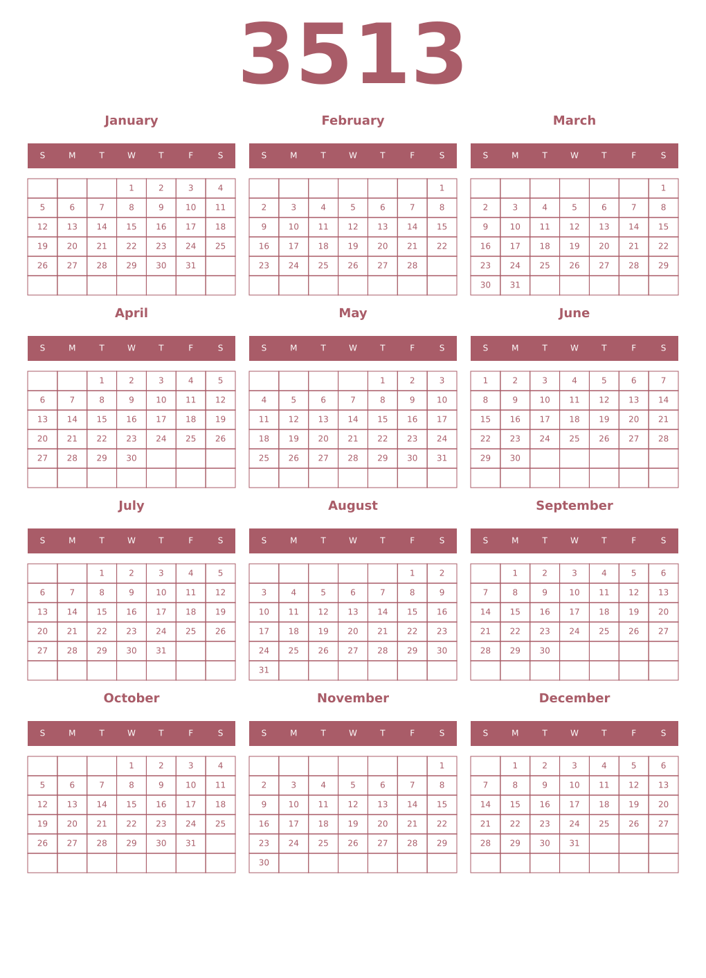 Printable 3513 Year Calendars puce