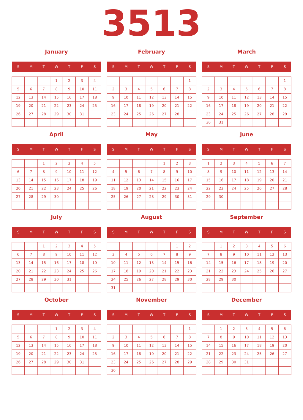 Printable 3513 Year Calendars red