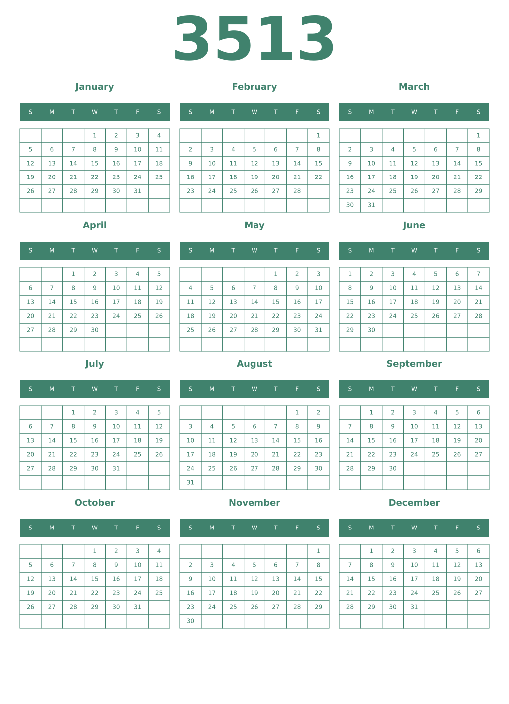 Printable 3513 Year Calendars viridian