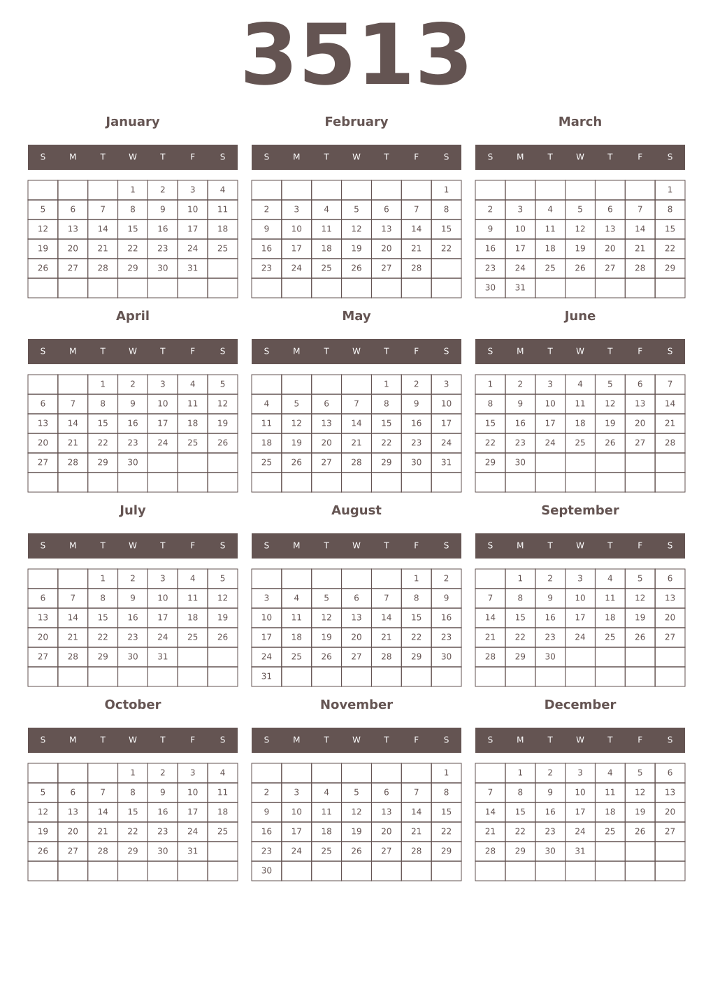 Printable 3513 Year Calendars wenge
