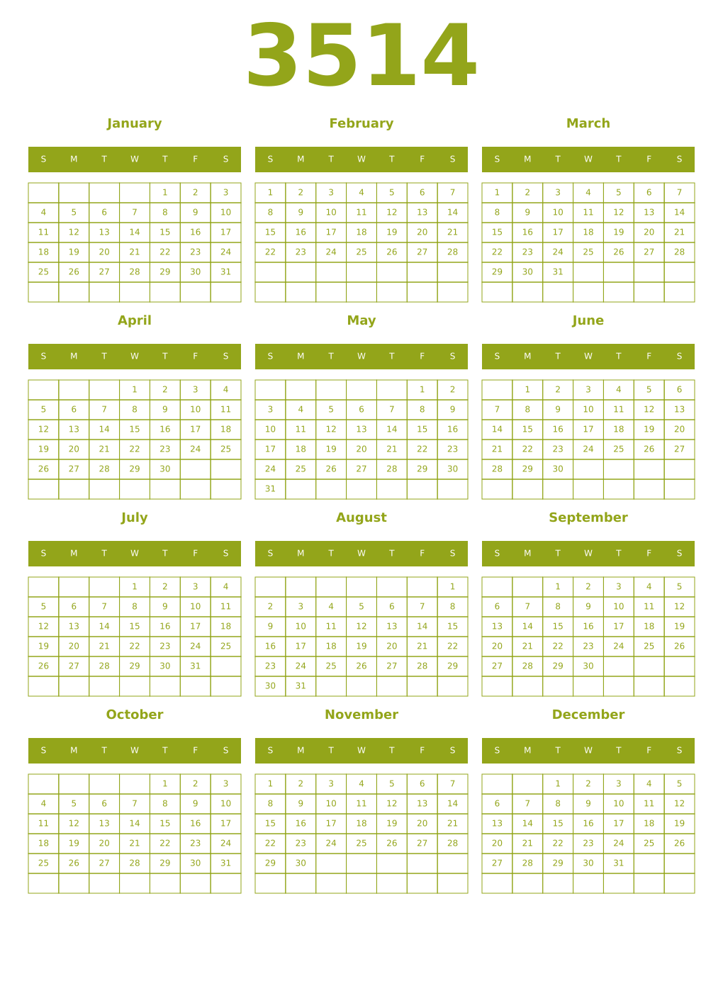 Printable 3514 Year Calendars chartreuse