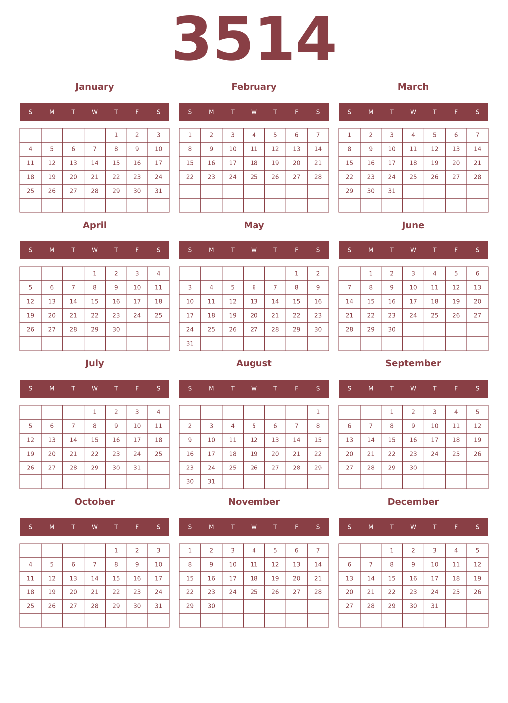 Printable 3514 Year Calendars cordovan