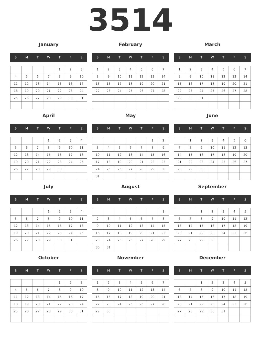 Printable 3514 Year Calendars dark