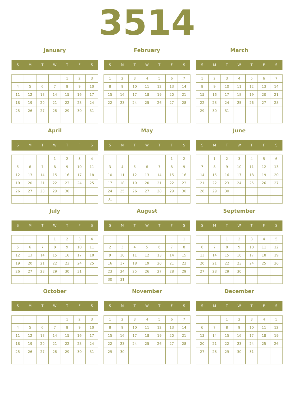 Printable 3514 Year Calendars eburnean