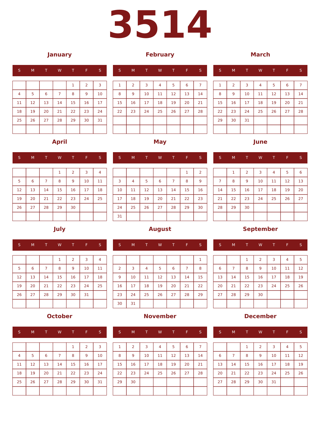Printable 3514 Year Calendars falu
