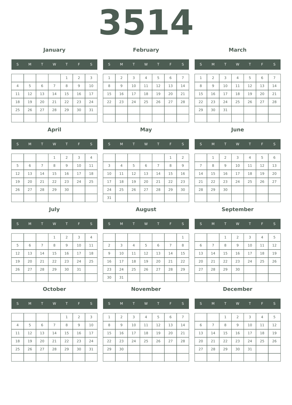 Printable 3514 Year Calendars feldgrau