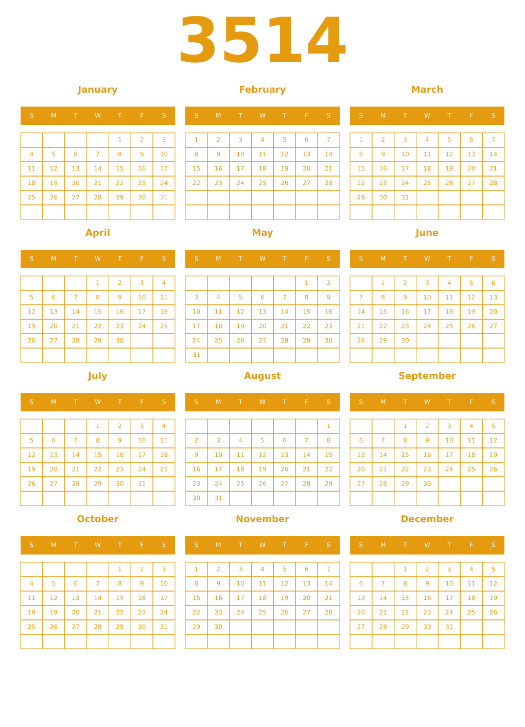Printable 3514 Year Calendars gamboge