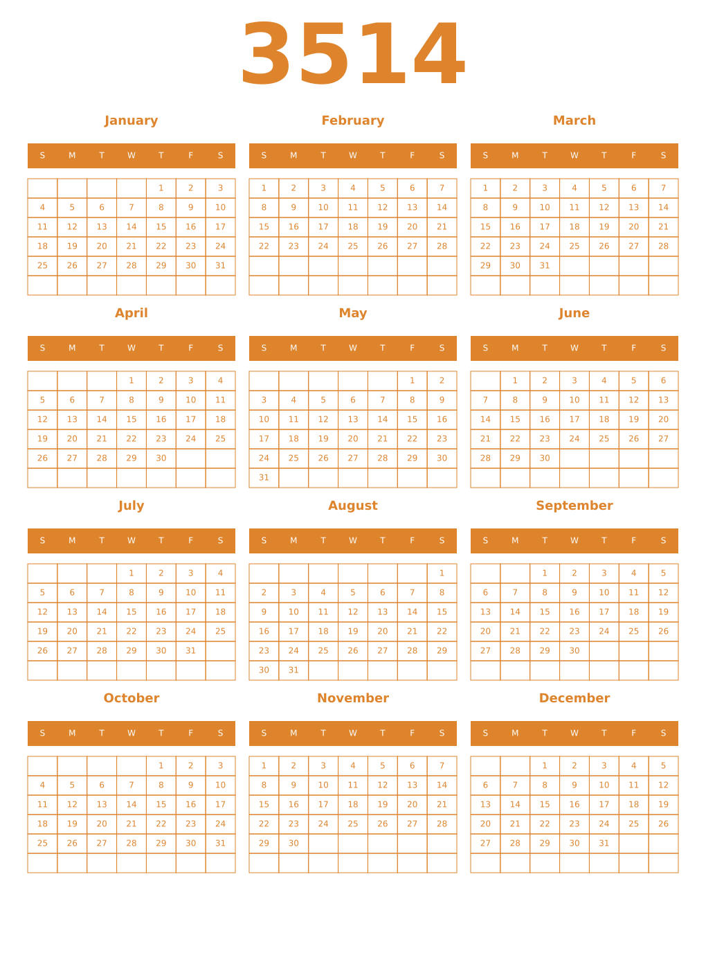 Printable 3514 Year Calendars orange