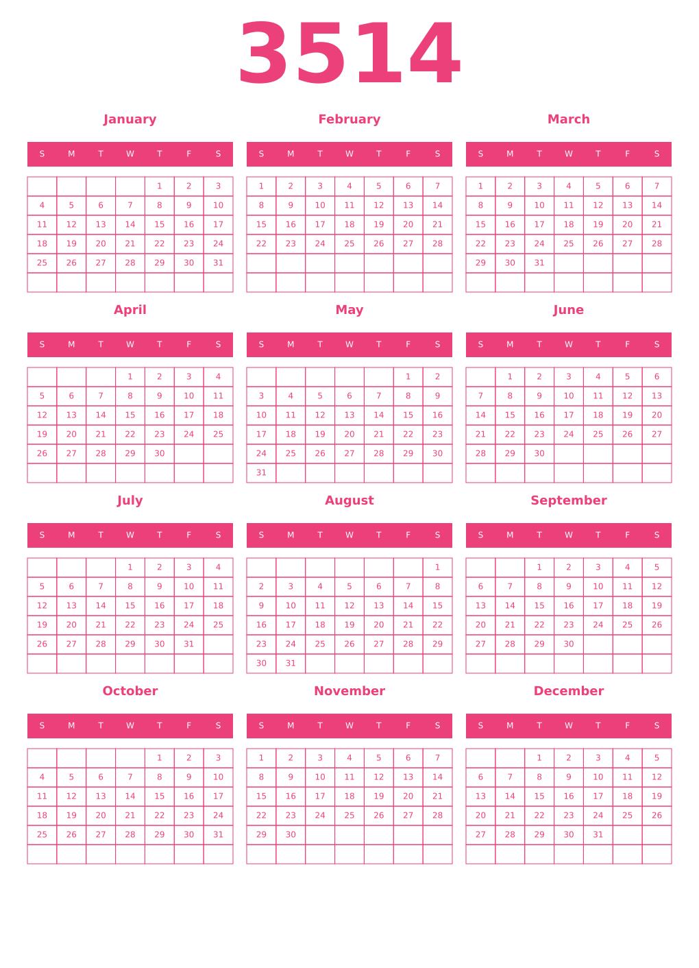 Printable 3514 Year Calendars pink