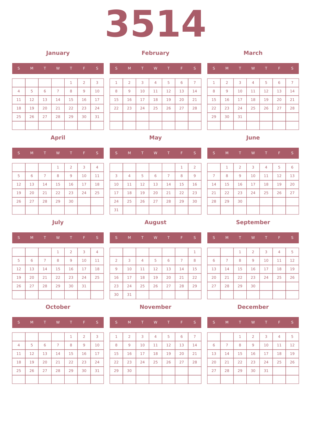Printable 3514 Year Calendars puce
