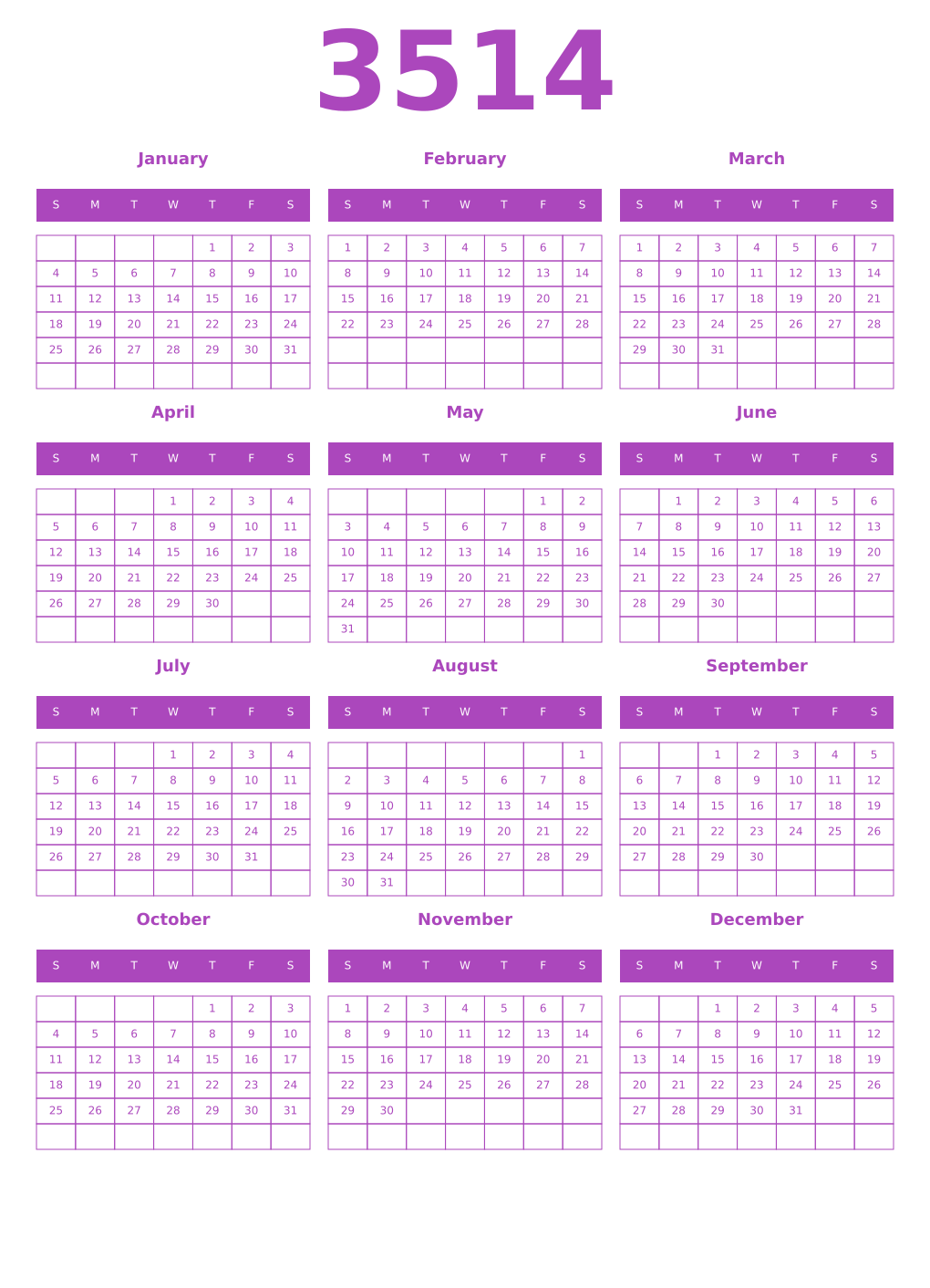Printable 3514 Year Calendars purple