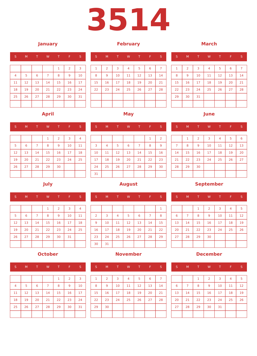 Printable 3514 Year Calendars red
