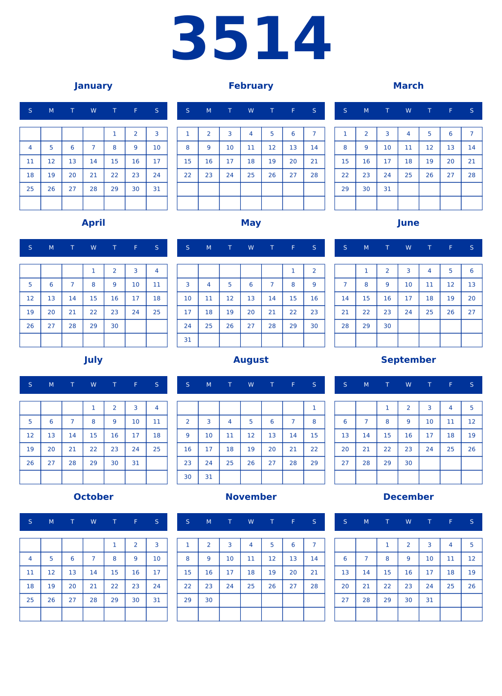 Printable 3514 Year Calendars smalt