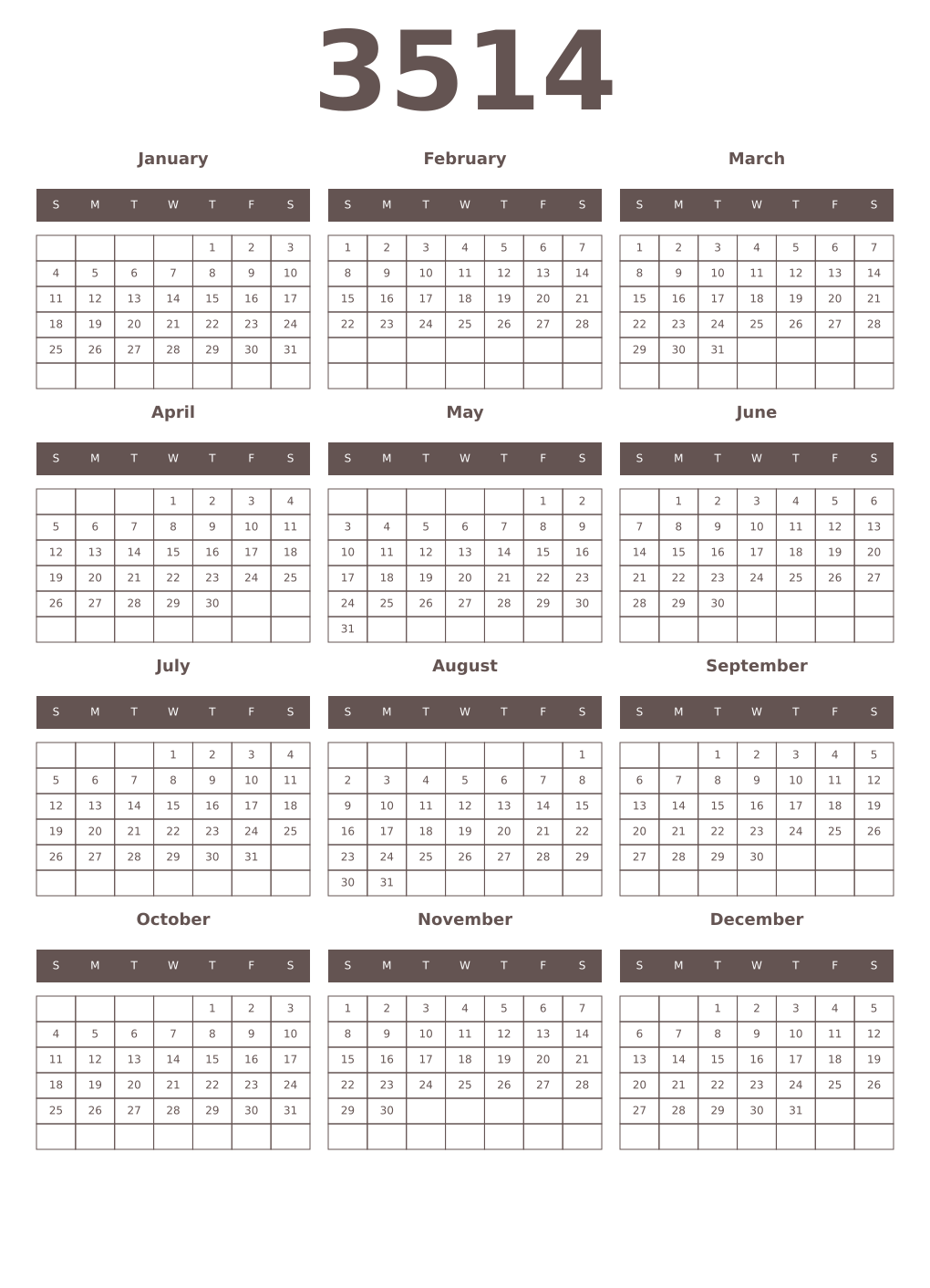 Printable 3514 Year Calendars wenge