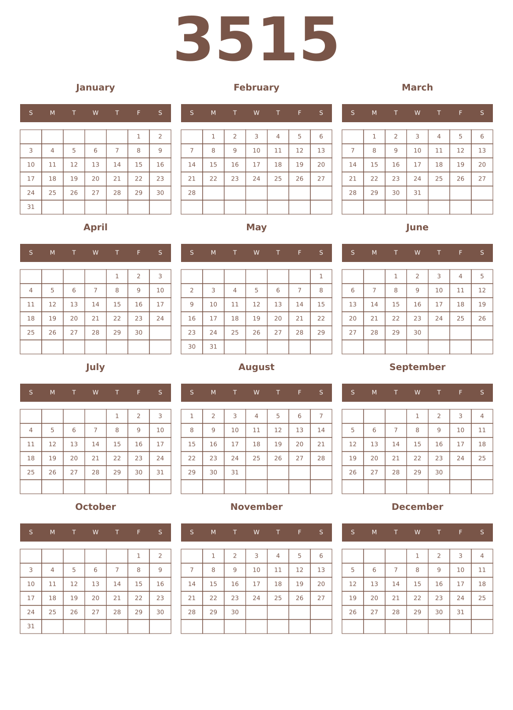 Printable 3515 Year Calendars coffe