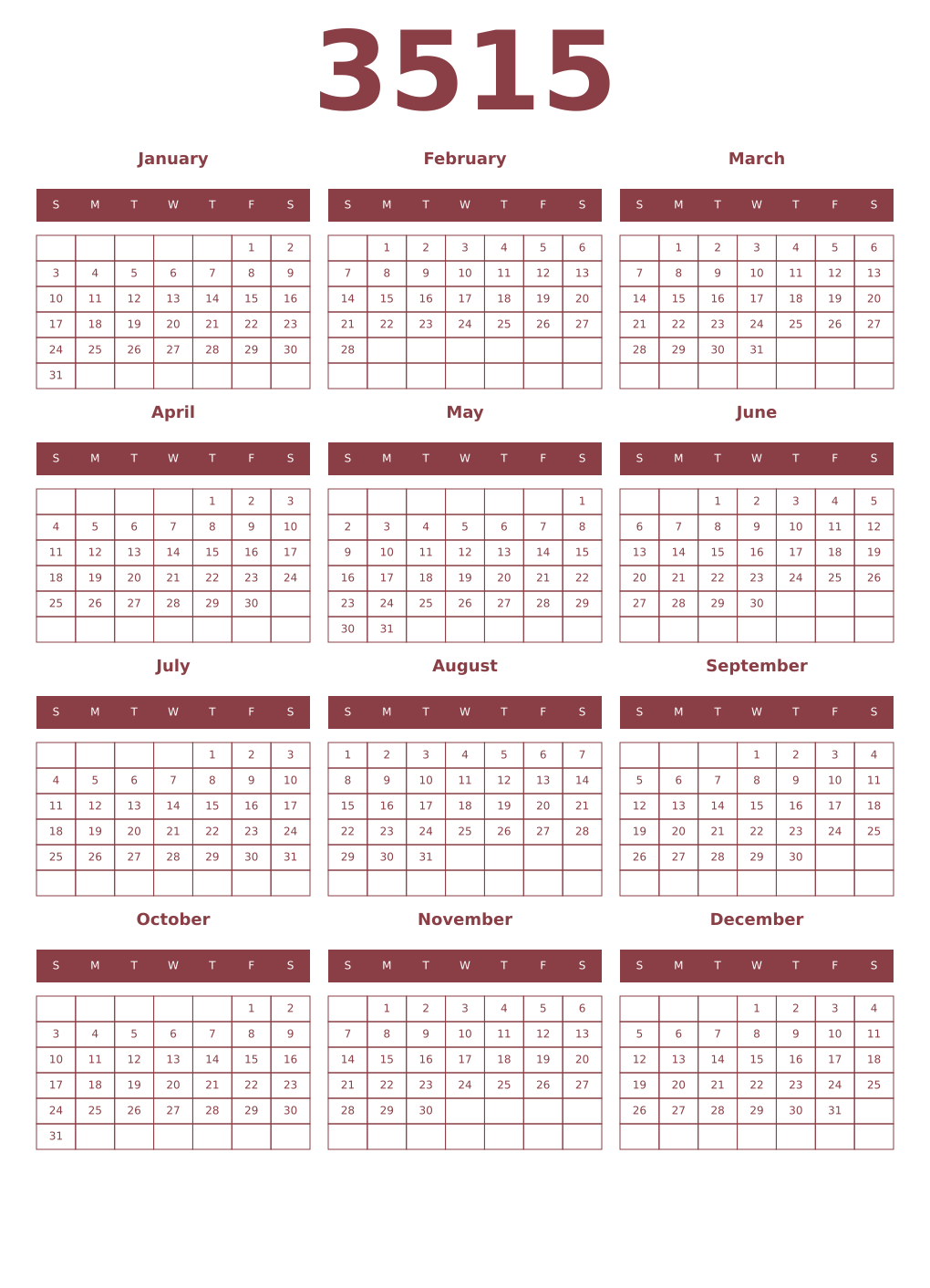 Printable 3515 Year Calendars cordovan