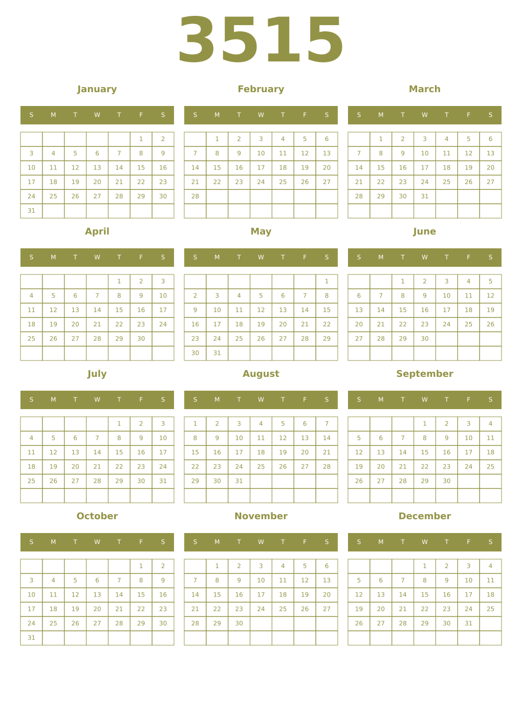 Printable 3515 Year Calendars eburnean