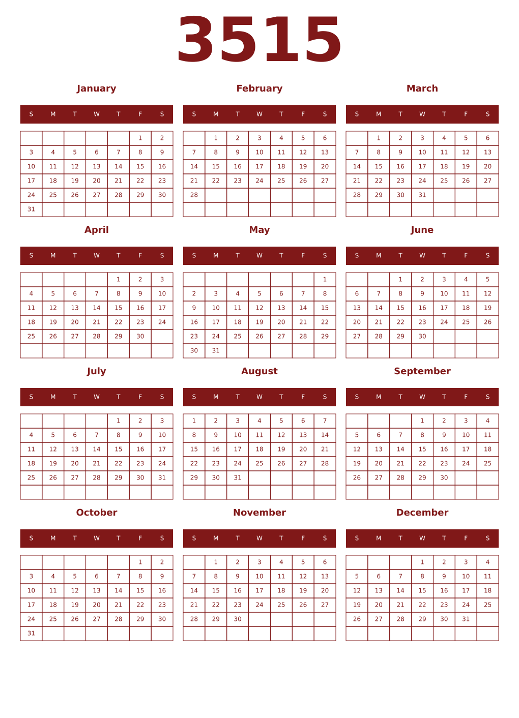 Printable 3515 Year Calendars falu