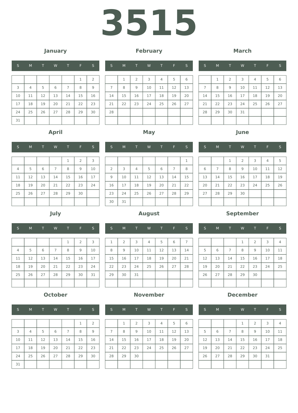 Printable 3515 Year Calendars feldgrau