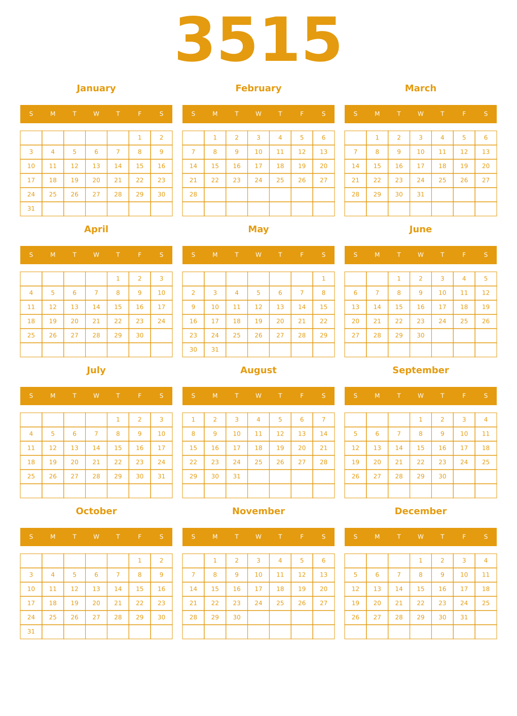 Printable 3515 Year Calendars gamboge
