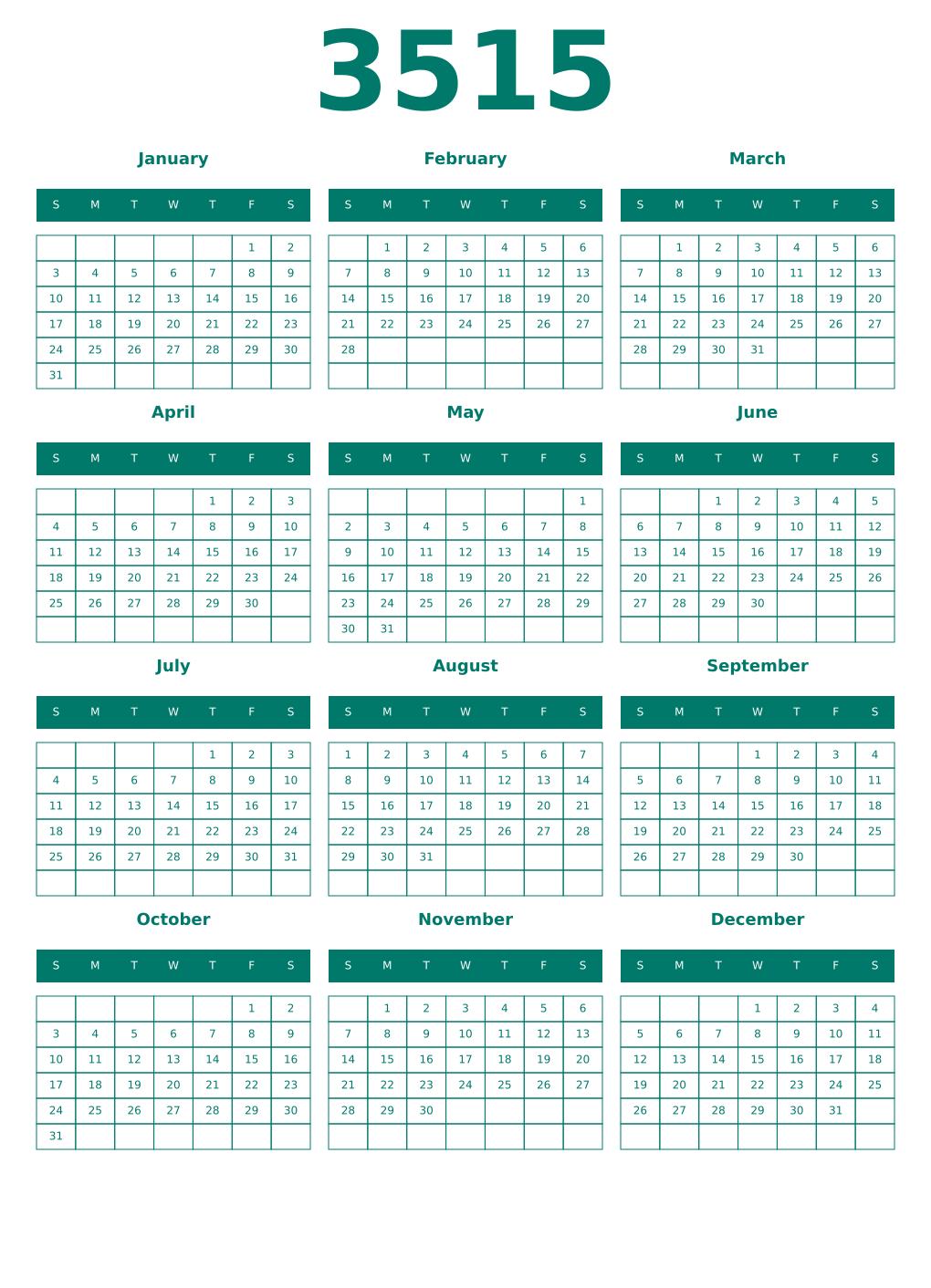 Printable 3515 Year Calendars pastel