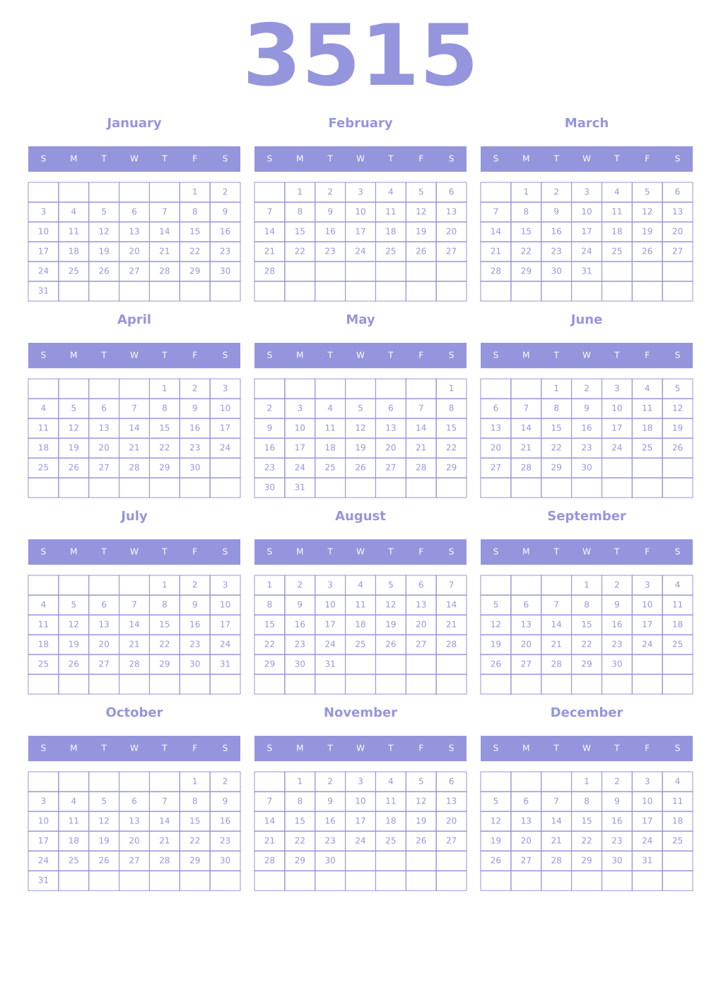Printable 3515 Year Calendars periwinkle
