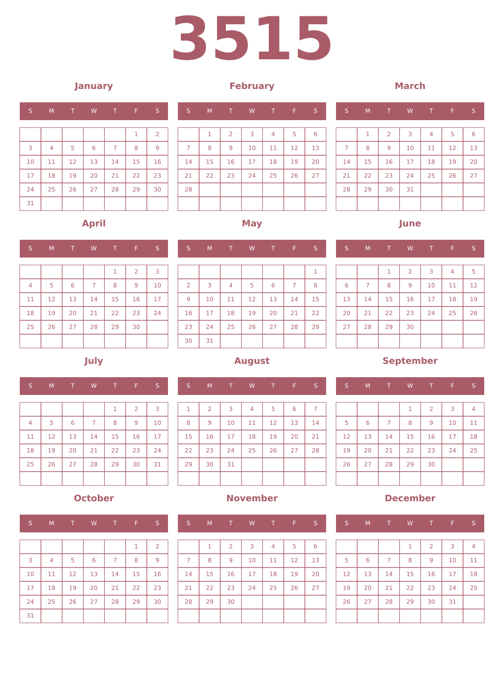 Printable 3515 Year Calendars puce