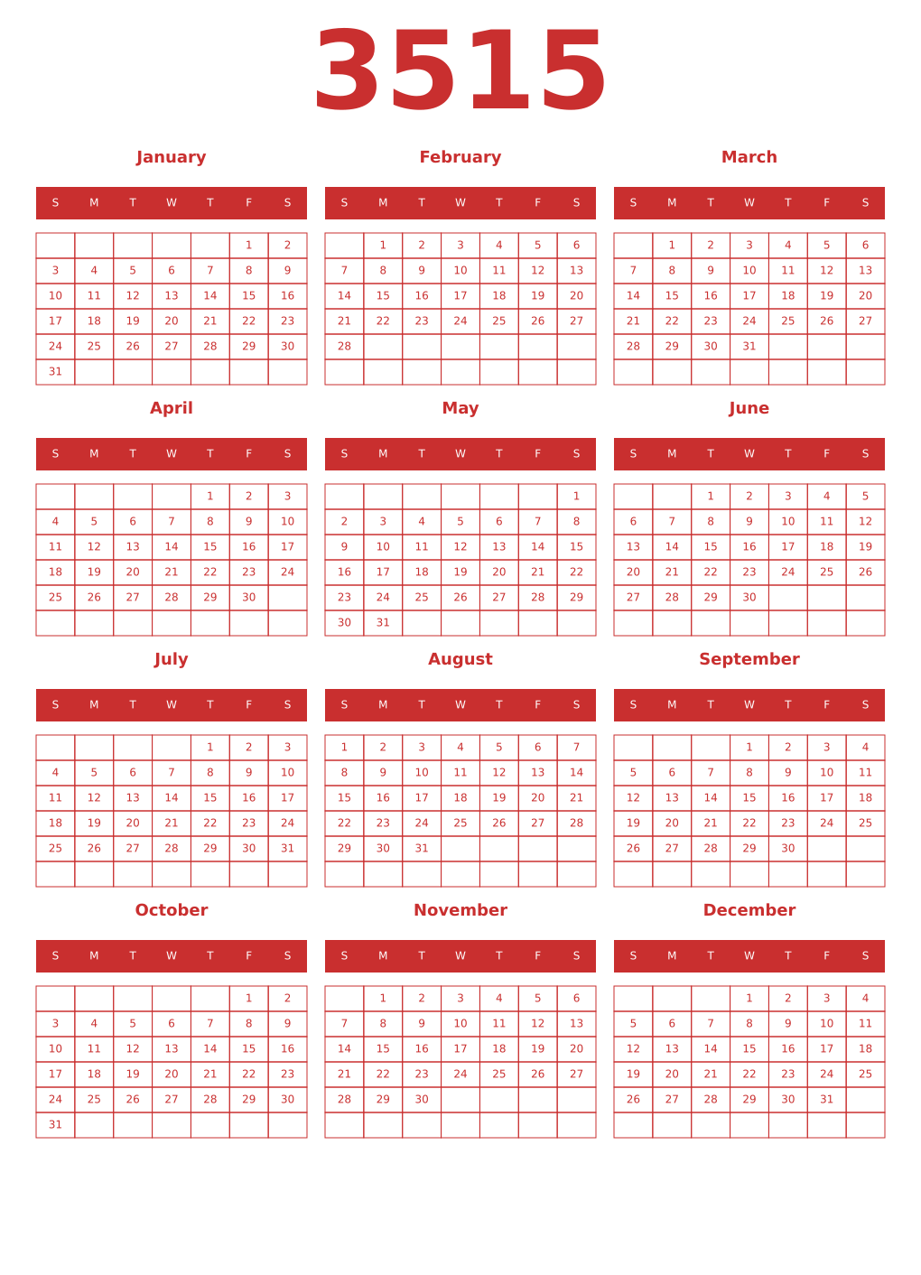 Printable 3515 Year Calendars red