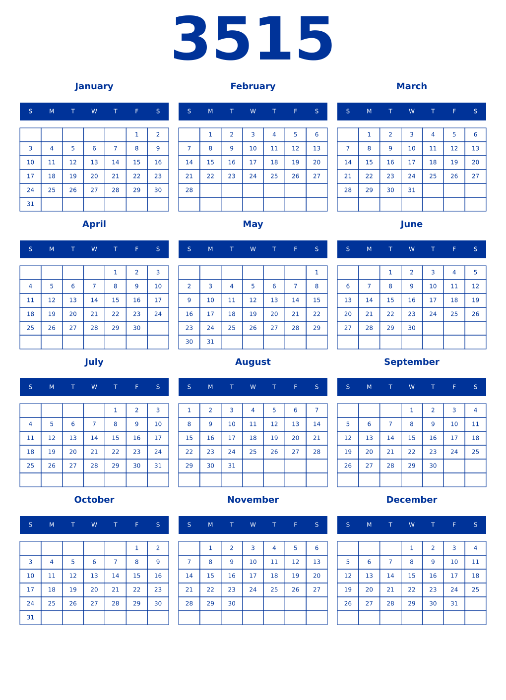 Printable 3515 Year Calendars smalt
