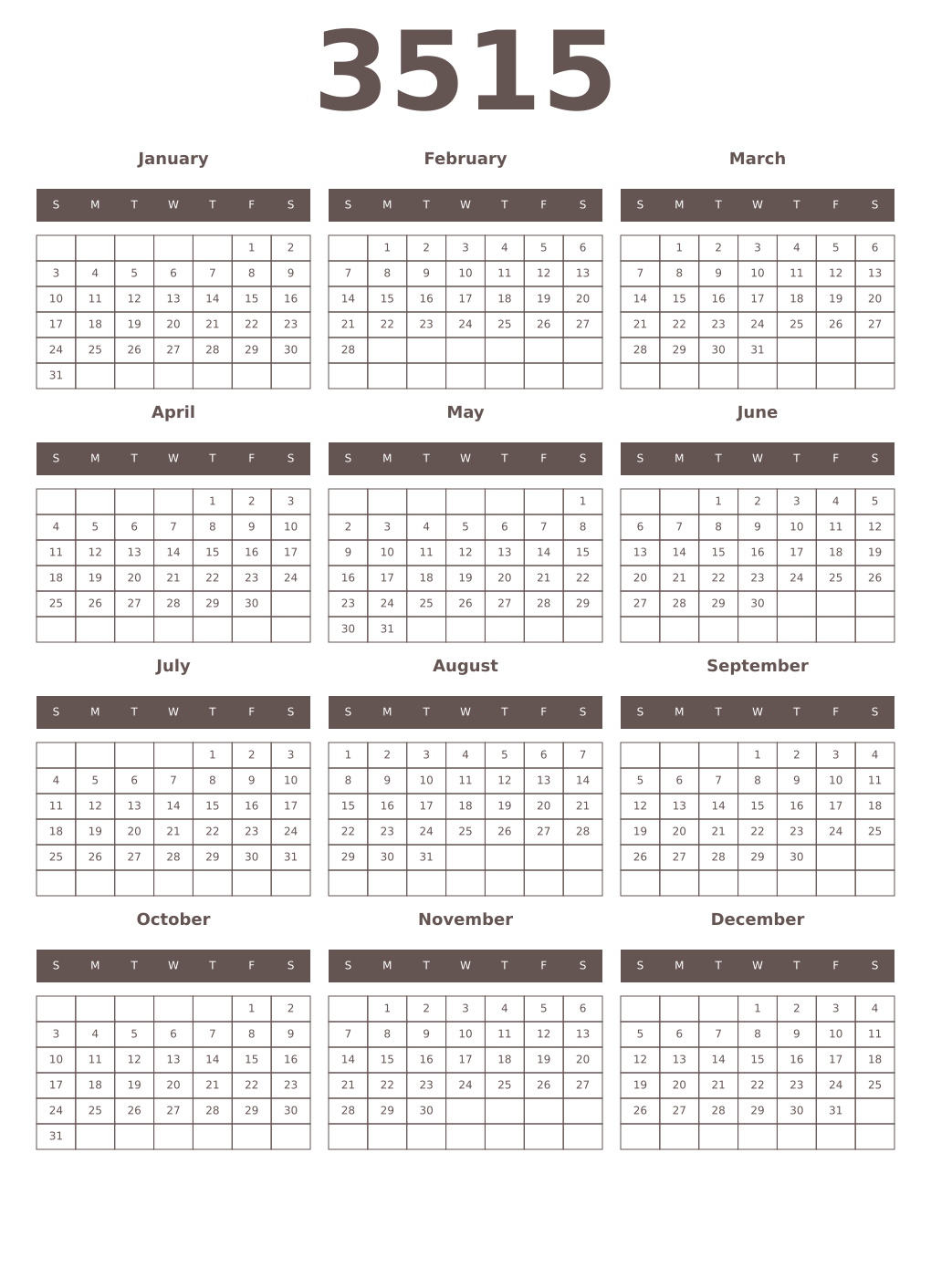 Printable 3515 Year Calendars wenge