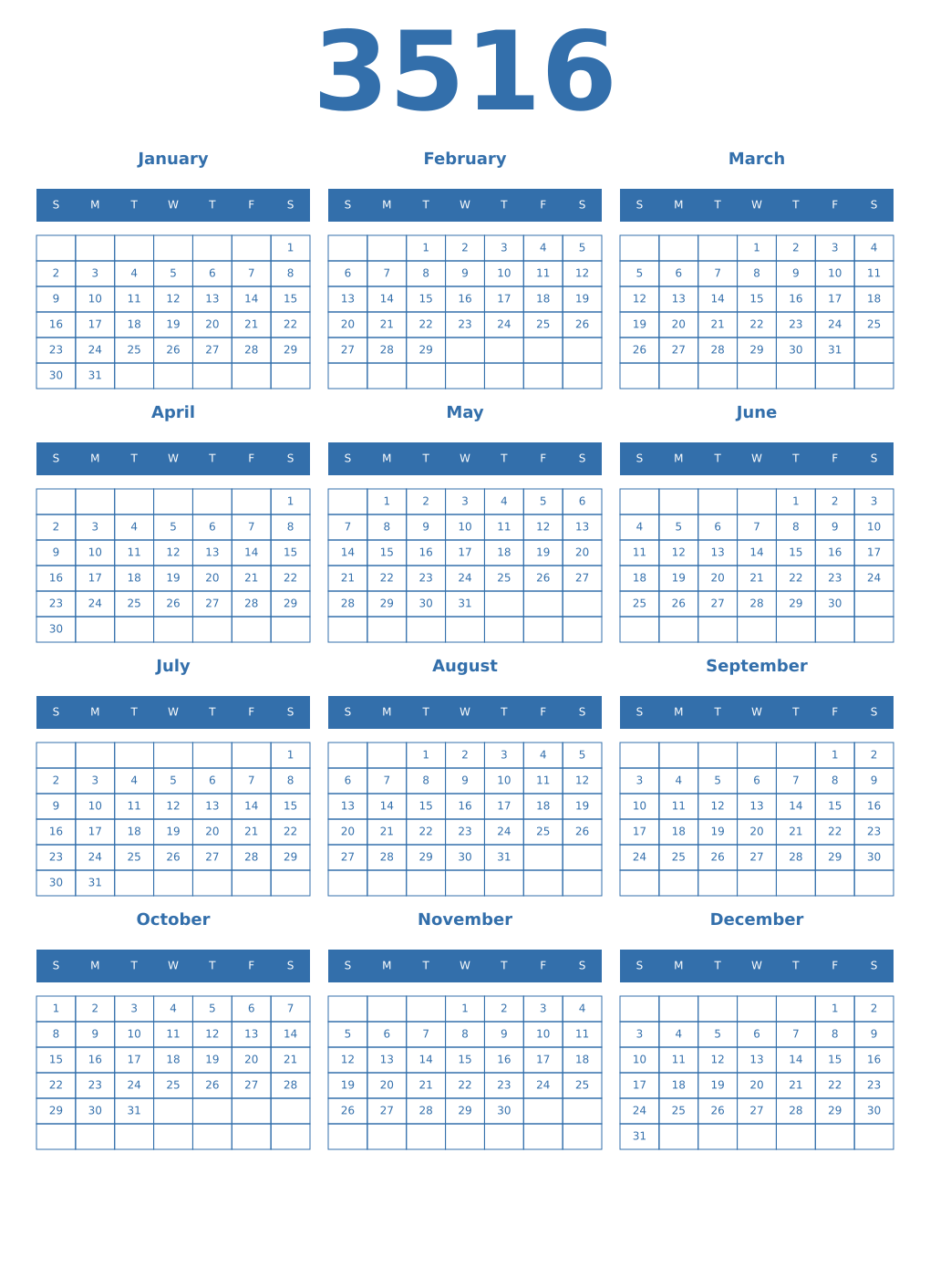 Printable 3516 Year Calendars blue