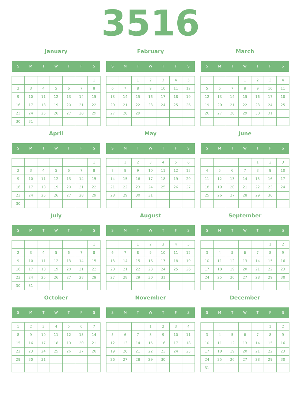 Printable 3516 Year Calendars celadon