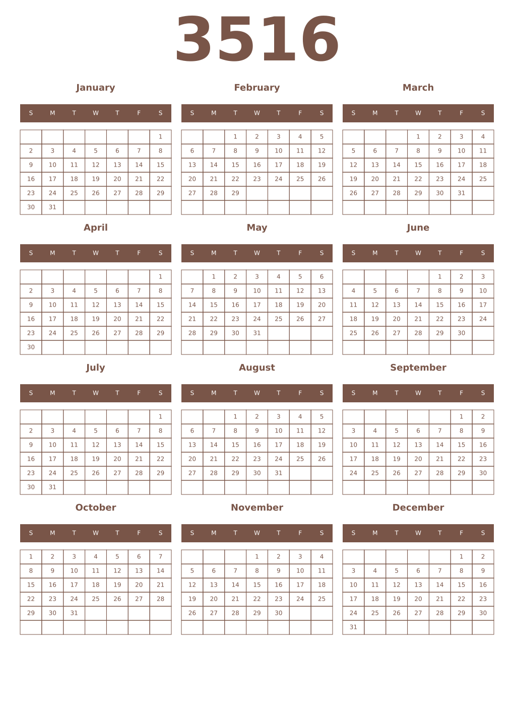 Printable 3516 Year Calendars coffe