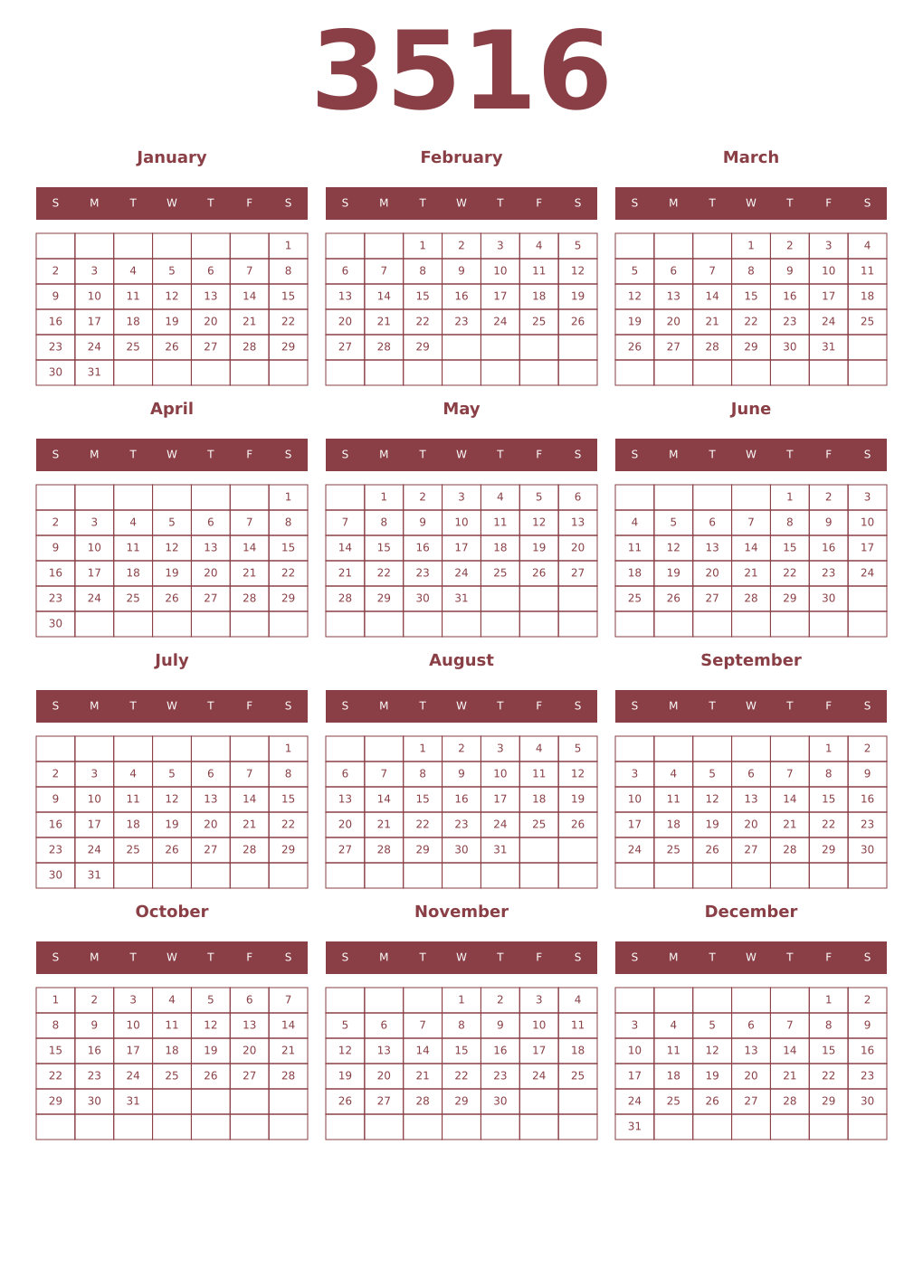 Printable 3516 Year Calendars cordovan