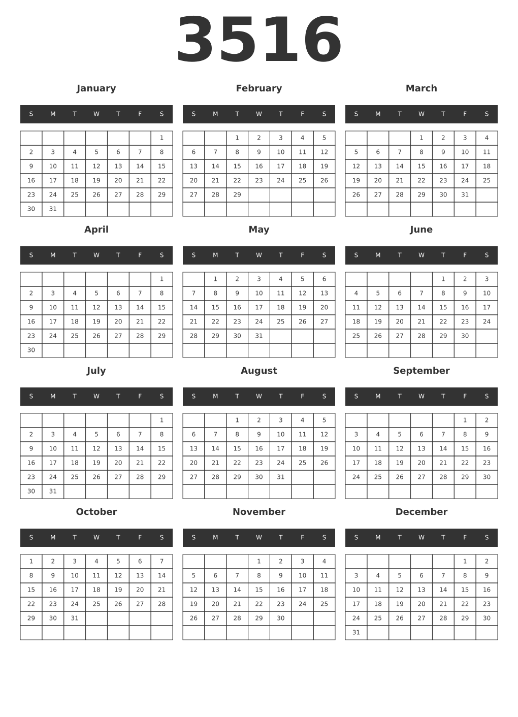 Printable 3516 Year Calendars dark