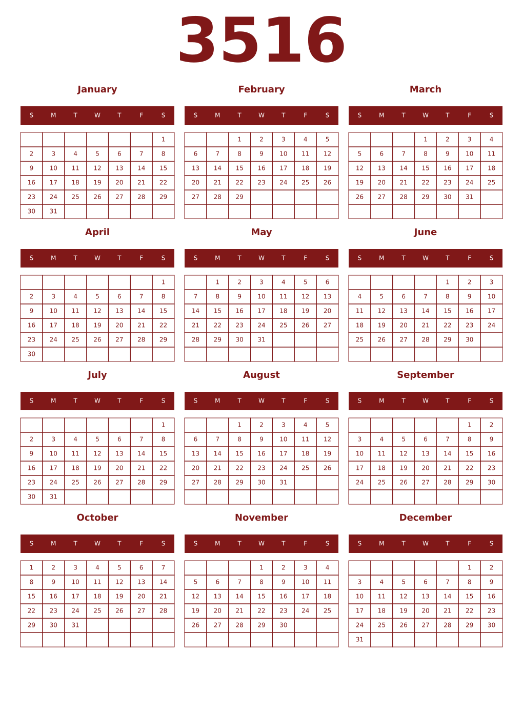 Printable 3516 Year Calendars falu