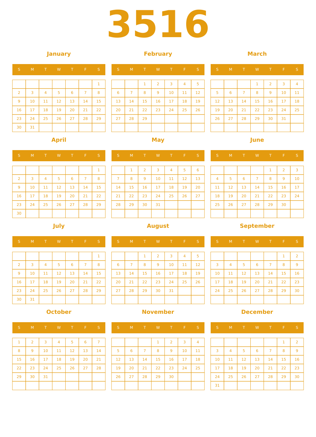Printable 3516 Year Calendars gamboge