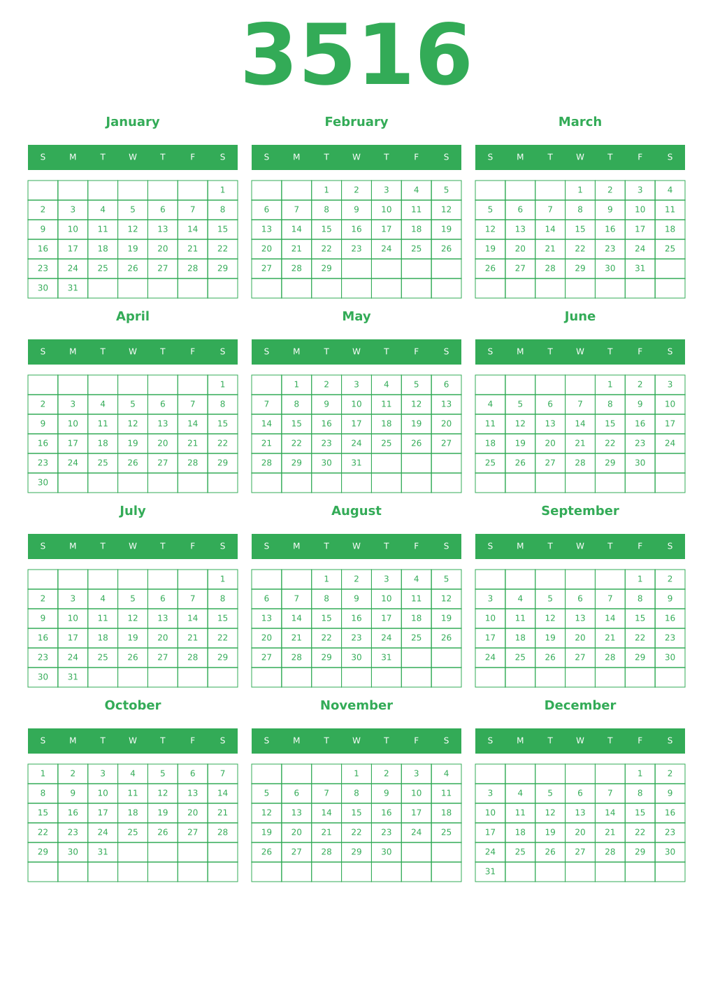 Printable 3516 Year Calendars green