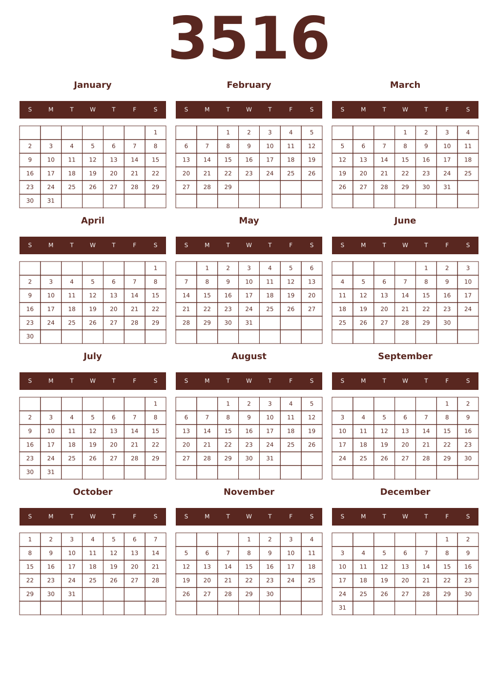 Printable 3516 Year Calendars mortuum