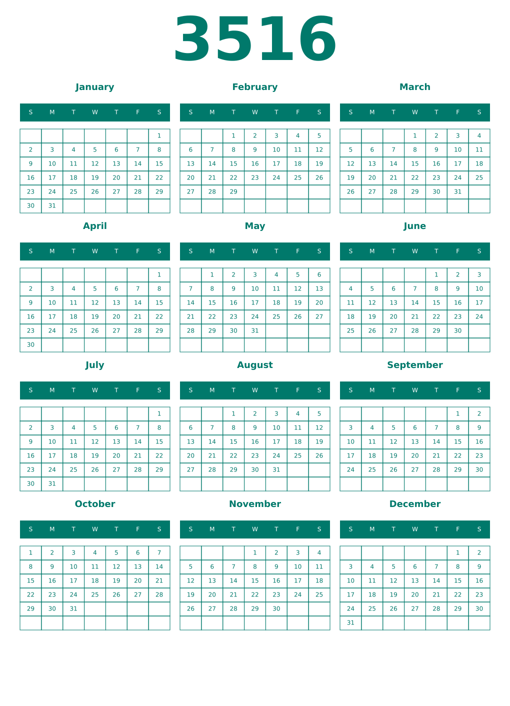 Printable 3516 Year Calendars pastel