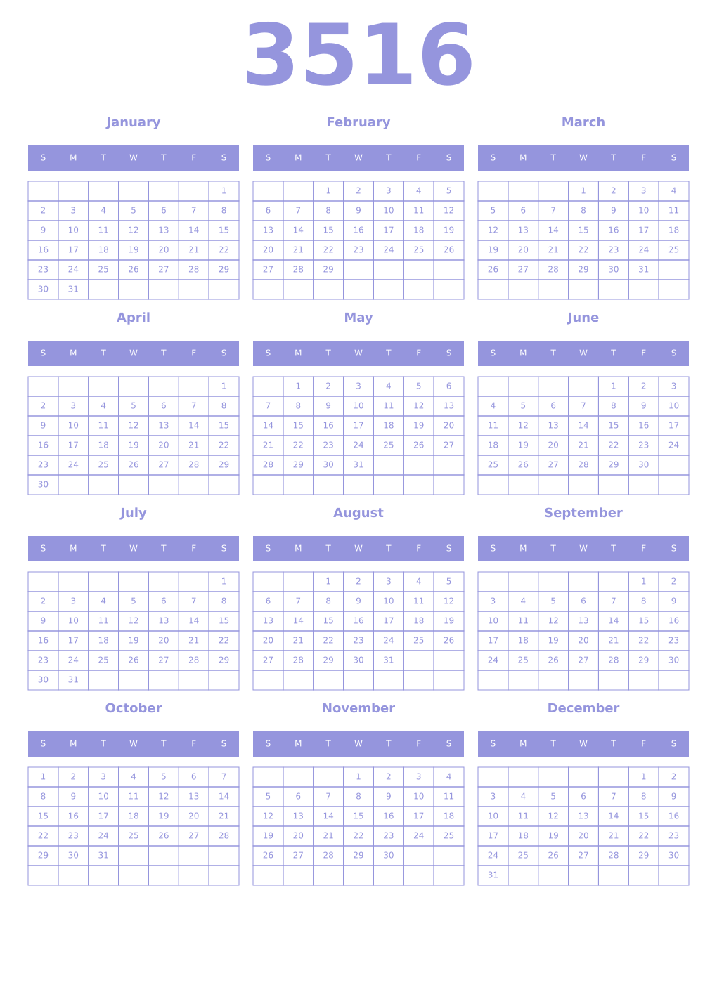 Printable 3516 Year Calendars periwinkle