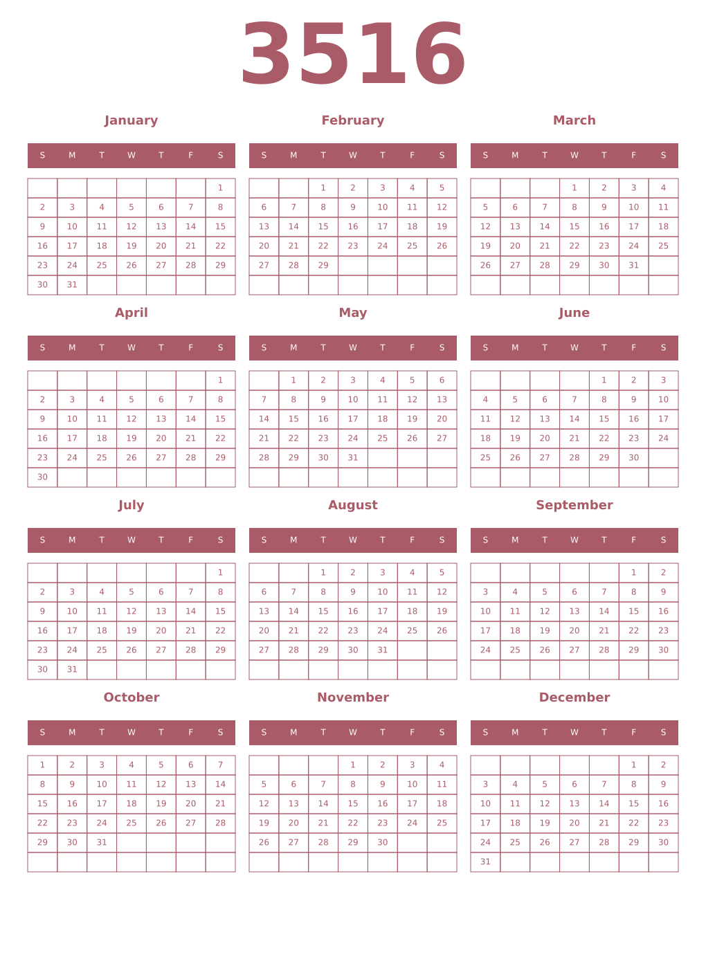 Printable 3516 Year Calendars puce