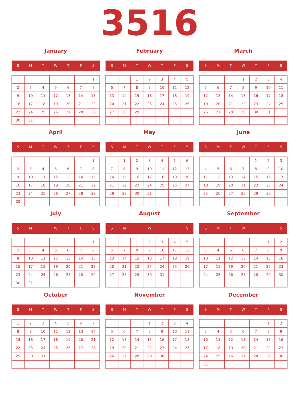 Printable 3516 Year Calendars red