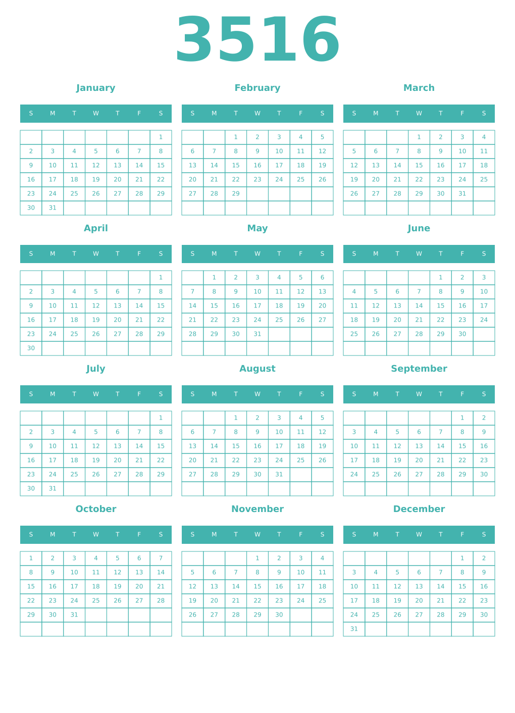 Printable 3516 Year Calendars verdigris
