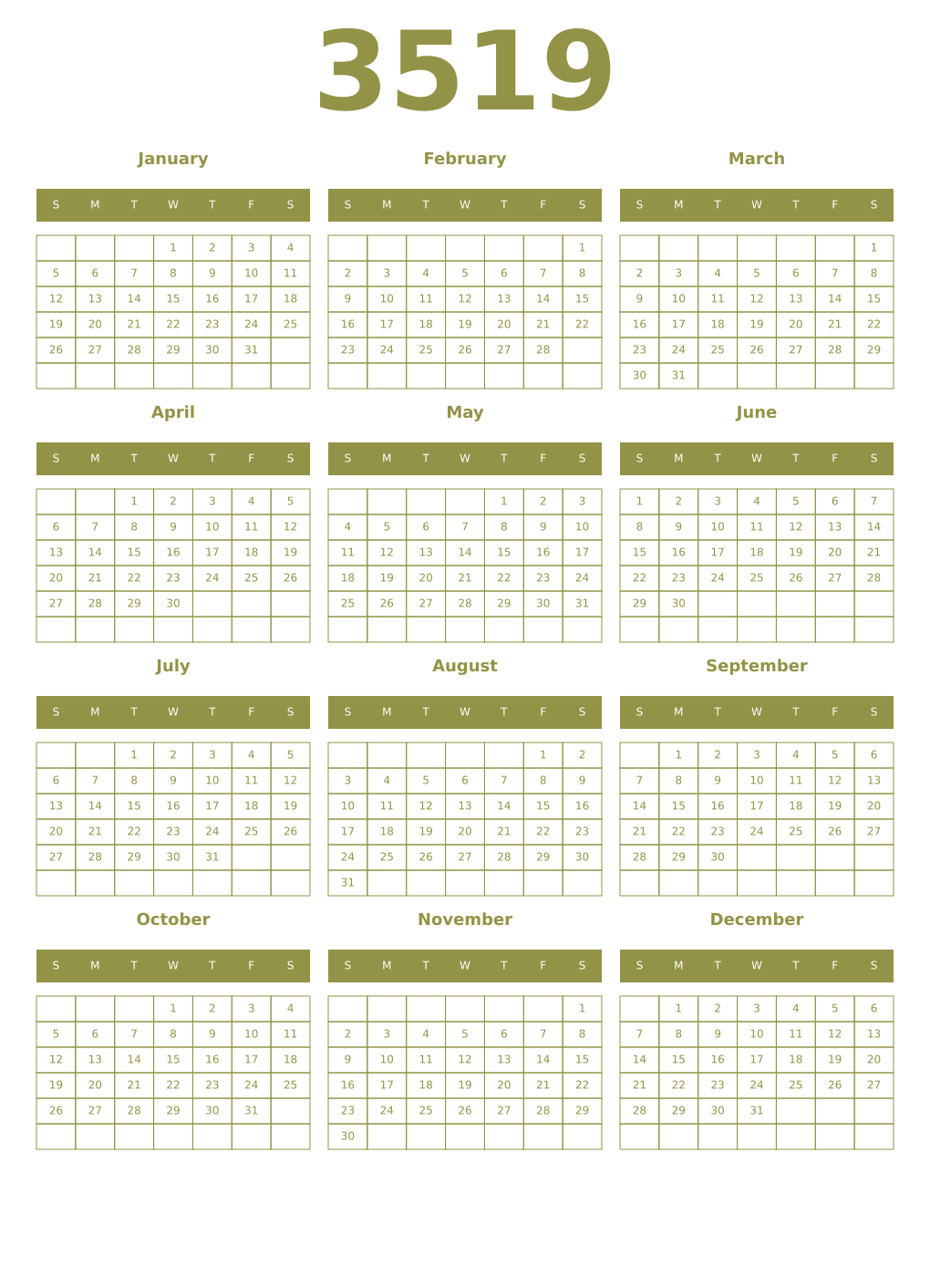 Printable 3519 Year Calendars eburnean