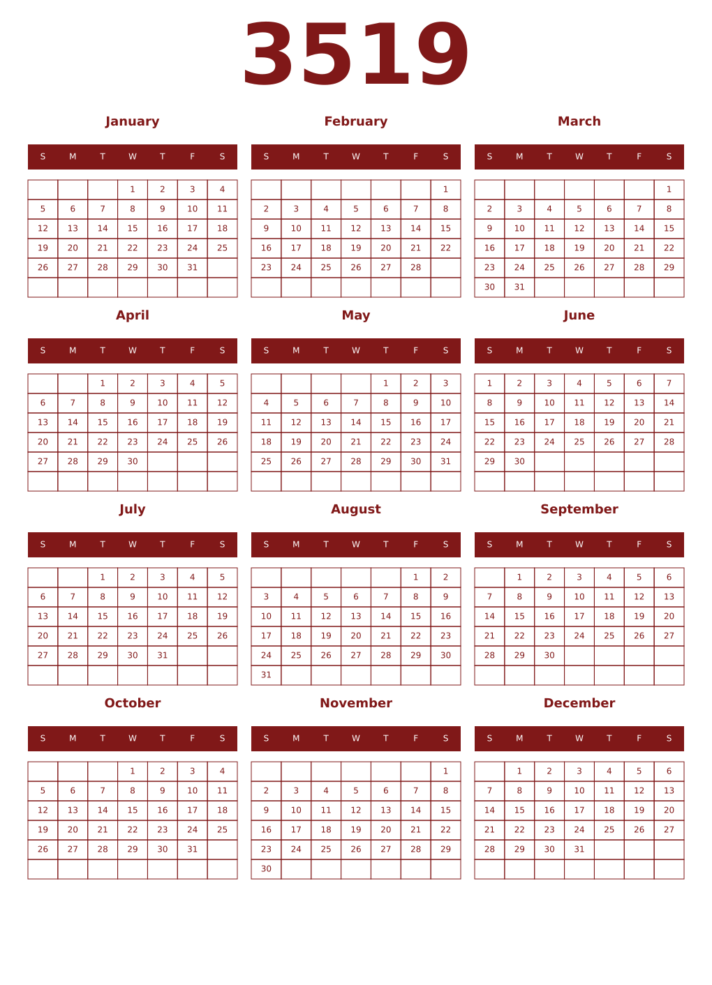 Printable 3519 Year Calendars falu