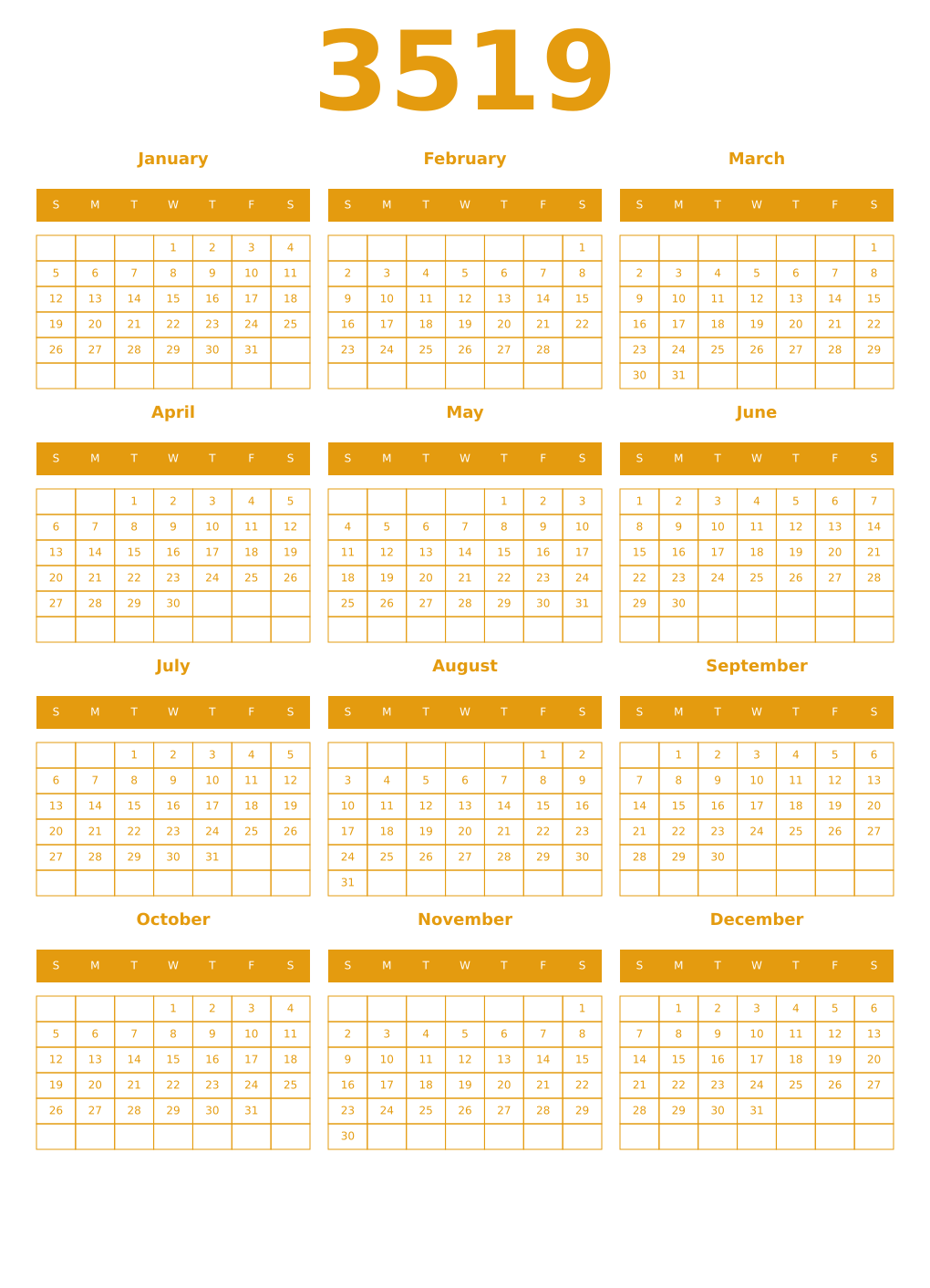 Printable 3519 Year Calendars gamboge