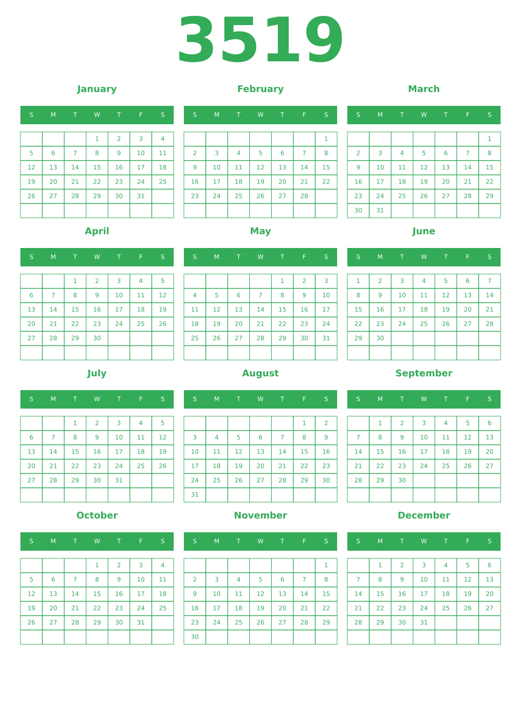 Printable 3519 Year Calendars green